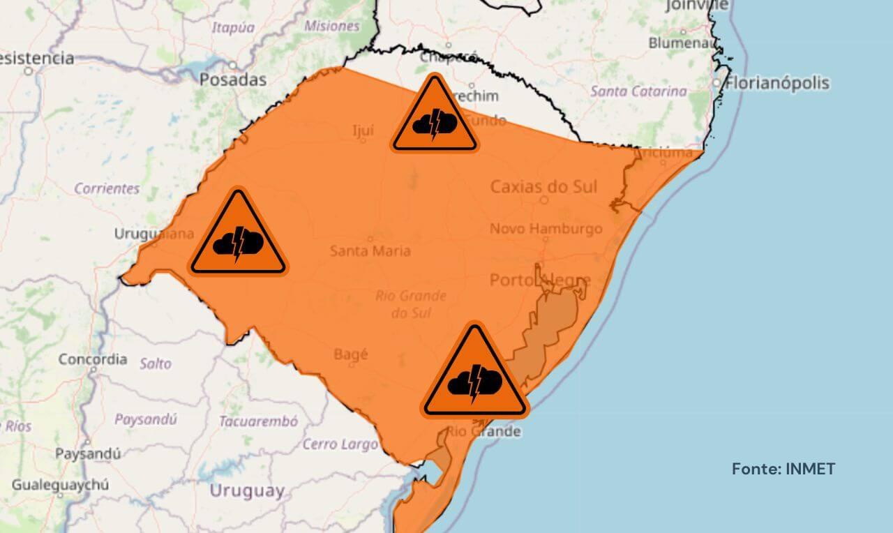 Alerta laranja para tempestade, raios e rajadas de vento em grande parte do RS e em partes de SC